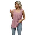 Women's pink eyelet pleated square neck sleeveless tank top with swallowtail hem - S / Tops / Deep Pink