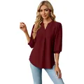 Blusa jacquard granate informal con cuello en V, mangas 3/4 y cómodo ajuste holgado para mujer - Burdeos