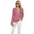 Casual rood-wit gestreept T-shirt met lange mouwen en V-hals met knoopjes voor dames - S / Tops / Beige met rode bies