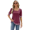 T-shirt bordeaux elegante con scollo a quadrato e maniche a sbuffo stampa leopardata - Taglia L / Top / Borgogna