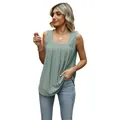 Sage green eyelet square neck sleeveless top with pleated front and high-low hem - S / Tops / Bean Green