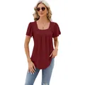 Elegante bordeauxrode dames t-shirt met vierkante hals, opengewerkt jacquard en vlindermouwen - S / Tops / Bordeauxrood