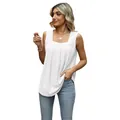 Elegant white square neck sleeveless tank top featuring pleated eyelet embroidery details - S / Tops / White