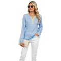 Casual V-neck long sleeve striped T-shirt with yellow contrast trim for women - Blue and White Stripe