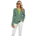 Green and white striped V-neck long sleeve T-shirt with contrast lime green collar - Green Striped