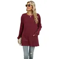 Casual burgundy long sleeve ribbed knit tunic top for women with dual front pockets - Burgundy
