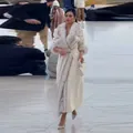 Full body view of elegant white wool coat with grey fur collar on an Asian model - S / Tops / White