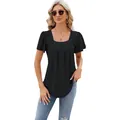 Elegante zwarte damesblouse met vierkante hals, plooien aan de voorkant en jacquard - S / Tops / Zwart