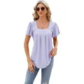 Elegant lavender pleated hollow square neck jacquard short sleeve top for women - Purple