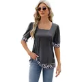 Elegante maglia da donna con scollo quadrato e maniche a sbuffo leopardate grigio - Grigio scuro