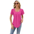 Bright pink pleated square neck short sleeve T-shirt with hollow-out jacquard texture - Barbie Pink