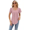 Elegant pink pleated eyelet square neck short sleeve t-shirt with delicate floral pattern - Deep Pink
