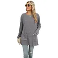 Casual grey ribbed long sleeve top for women featuring round neck and front pockets - Gray