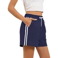 Comfortable navy blue athletic shorts with side stripes and drawstring waist for women - S / Bottoms / Navy Blue