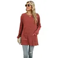 Casual terracotta ribbed knit top with round neck, pockets and puff bubble sleeves - Caramel color