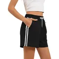 Women's black athletic casual shorts featuring white side stripes and drawstring - S / Bottoms / Black