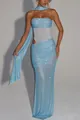 Detail of light blue sequined evening gown featuring a tube top and matching long sash. - S / Dresses / Light Blue