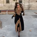Elegant long black woolen coat with luxurious brown faux fur collar and cuffs - S / Tops / Black