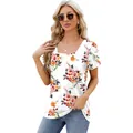 Fashionable summer floral print t-shirt with elegant square neck and short petal sleeves - White Floral