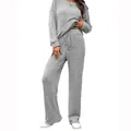 Two-piece grey ribbed knit loungewear set featuring round neck long sleeve top and pants - S / Top And Bottom / Light Gray