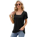 Modieus zwart dames t-shirt met korte mouwen, vierkante hals en bloemblad mouwen - S / Tops / Zwart