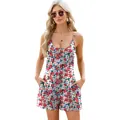 Summer floral print spaghetti strap romper with side pockets and loose casual fit - Red Flower