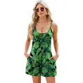 Stylish women's summer romper featuring tropical leaf print and spaghetti straps - Green Leaf Flower