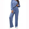 Comfortable two-piece blue ribbed knit loungewear set with long sleeves and drawstring pants - S / Top And Bottom / Blue