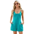 Casual women's teal sleeveless romper with spaghetti straps and pockets, white background - Cyan