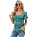 Stylish teal paisley print t-shirt with petal sleeves and a chic square neck design. - Blue Flower