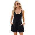 Casual black sleeveless spaghetti strap romper with functional pockets for summer - S / Top And Bottom / Black