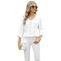 Dames wit T-shirt met V-hals, ruitvormig opengewerkt jacquard en uitlopende mouwen - S / Tops / Wit
