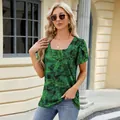 Fashionable green square neck T-shirt with tropical palm leaf print and petal sleeves - Leaf Flower