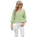 Women's V-neck hollow jacquard knit top with diamond pattern and stylish bell sleeves - Fluorescent Green