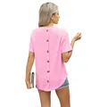 Roze gebreid dames-T-shirt met korte mouwen, knoopdetail op de rug en een ronde hals - S / Tops / Roze