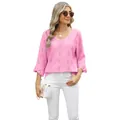 Stijlvol roze T-shirt met V-hals, ruitvormig jacquardpatroon en uitlopende mouwen. - S / Tops / Roze