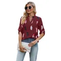 Elegante bordeauxrode blouse met V-hals, verenprint en verstelbare mouwen - S / Top (3092) / Bordeauxrood