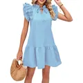 Light blue ruffled sleeve mini dress with tie neck and flounce hem for summer. - S / Tops / Light Blue