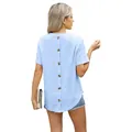 Light blue round neck short sleeve T-shirt with back button detail and jacquard pattern - Light Blue