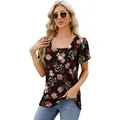 Floral print t-shirt with square neck and petal sleeves in black summer style - Black Floral