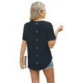 Casual donkerblauw T-shirt met korte mouwen, knoopdetail op de rug en jacquardstructuur - S / Tops / Zwart