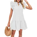 Elegant white solid color dress featuring ruffle sleeves and tie-neck detail - S / Tops / White