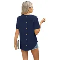 Navy blue short sleeve jacquard T-shirt featuring elegant back button design for women - Navy Blue