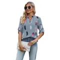 Elegant grey V-neck blouse with colorful feather print and 3/4 sleeves for women. - Blue Gray