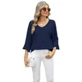 Navy blue V-neck loose T-shirt featuring diamond hollow jacquard and flare sleeves - Navy Blue