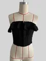 French style sweet black lace embroidered crop top with ruffled hem on mannequin - S / Tops / Black