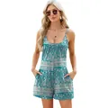 Casual turquoise paisley print sleeveless romper for women with side pockets summer wear - Blue Flower