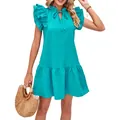 Elegant teal ruffle sleeve tie-neck mini dress for women with a pleated tiered hem - Green