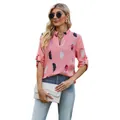Stylish women's pink V-neck blouse featuring elegant feather print and 3/4 sleeves - Pink