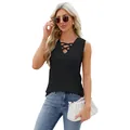 Zwarte mouwloze top met V-hals, kriskras vetersluiting en jacquard-patroon detail - S / Tops / Zwart